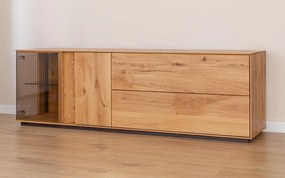 Comodă TV lemn masiv Aurora cu Vitrină Iluminată Stejar, 165 × 37 × 60 cm