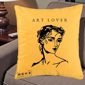 Perna Decorativa Art Lover Portret Grafic, 40x40 cm, Galben, Husa Detasabila, Perna Inclusa, BEKZ®