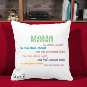 Cadou pentru Mama - Perna Personalizata Mama Cel Dintai Cuvant cu Text Colorat Multicolor, 40x40 cm, Alba Mata, Husa Detasabila, Perna Inclusa, BEKZ®