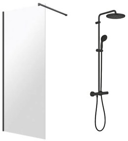 Pachet paravan dus Walk-In Omnires Marina negru 100x200 cm si coloana de dus Grohe Vitalio Start negru