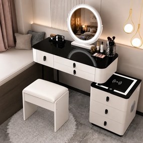 Set MARGOT LONG – Masă de Toaletă pentru Machiaj, Oglindă Alba iluminată LED, Control Touch, 6 sertare, Comoda, Difuzor Bluetooth, Zona încărcare fără fir + USB, Taburet, Alb, 100x40x75 cm