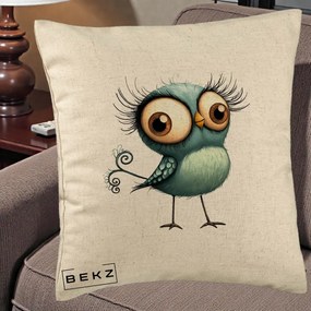 Perna Decorativa Pasare Teal cu Gene si Coada Spiralata, 40x40 cm, Bej, Husa Detasabila, Perna Inclusa, BEKZ®