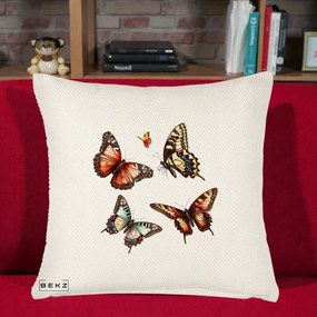 Perna Decorativa Colectie Fluturi Multicolori, 40x40 cm, Crem Reliefat, Husa Detasabila, Perna Inclusa, BEKZ®