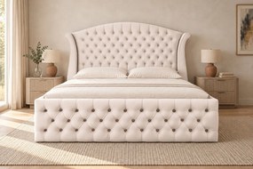 Pat tapițat Chesterfield din catifea Sorella Simple 140×200 cm, crem, cu ladă de depozitare