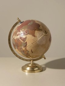 Glob pământesc decorativ din hârtie și metal, natur și maro, hartă în tonuri calde, bază aurie profilată, finisaj lucios, 28 x 20 cm, „Atlas”