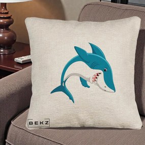 Perna Decorativa Rechin Albastru Cartoon, 40x40 cm, Bej Canapea, Husa Detasabila, Perna Inclusa, BEKZ®