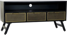 Comodă TV living din metal, negru, cu 3 sertare aurii perforate, nișă deschisă și picioare oblice, 62 x 125 x 41 cm, „Blacky”