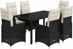 vidaXL Set bistro de grădină, 7 piese, cu perne, negru, poliratan