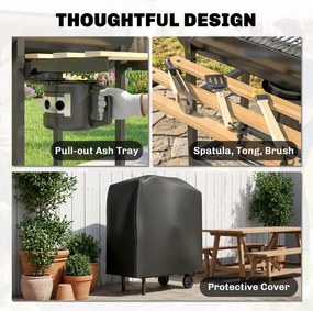 Outsunny Grătar pe cărbuni cu căruț de gătit, etajere pliabile, termometru, roți, rotisor electric, negru | Aosom Romania