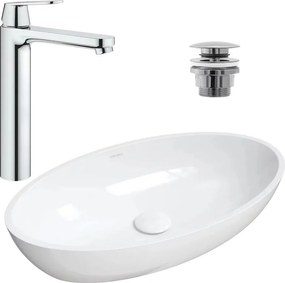 Pachet lavoar pe blat Omnires Siena M+ alb 60 cm, baterie lavoar Grohe Eurosmart Cosmopolitan XL crom si ventil lavoar Click-Clack crom