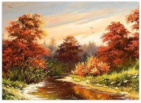 Tablou pe sticlă - Râu în peisaj de toamnă (70x50 cm)
