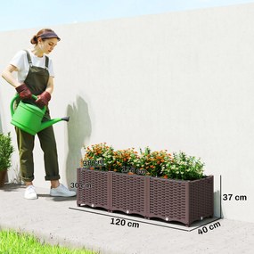 Outsunny Jardinieră înălțată, pat de grădină din plastic cu auto-udare și orificii de scurgere cu dopuri, 120x40x37cm, maro | Aosom Romania