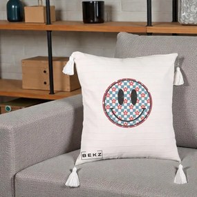 Perna Decorativa Smiley Face Checkered cu Floricele, 40x40 cm, Bej cu Franjuri, Husa Detasabila, Perna Inclusa, BEKZ®