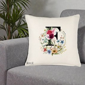 Cadou Personalizat - Perna Personalizata Monogram Litera F cu Flori Acuarela, 40x40 cm, Crem Reliefat, Husa Detasabila, Perna Inclusa, BEKZ®