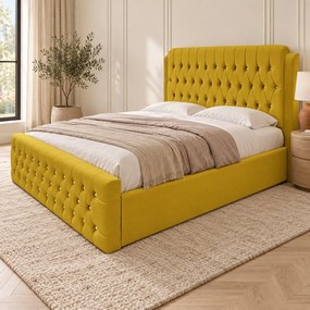 Pat tapițat Chesterfield din catifea Aveline Deluxe 140×200 cm, galben muștar, cu ladă de depozitare