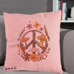 Perna Decorativa Peace Sign Ciuperci Floral, 40x40 cm, Roz, Husa Detasabila, Perna Inclusa, BEKZ®