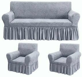 Set huse elastice pentru canapea 3 Locuri si 2 fotolii, cu volanas, model Jacquard Gri in dungi