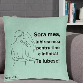 Cadou pentru Sora - Perna Personalizata Sora Mea Te Iubesc Imbratisare din Spate Line Art, 40x40 cm, Verde Menta, Husa Detasabila, Perna Inclusa, BEKZ®