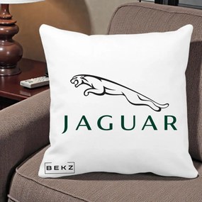 Perna Personalizata cu emblema Jaguar, 40x40 cm, Alba Mata, Husa Detasabila, Perna Inclusa, BEKZ®