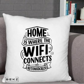 Perna Decorativa Home Is Where WiFi Connects, 40x40 cm, Alb Pufos, Husa Detasabila, Perna Inclusa, BEKZ®