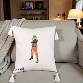 Perna Personalizata Naruto Uzumaki Portret Complet, 40x40 cm, Bej cu Franjuri, Husa Detasabila, Perna Inclusa, BEKZ®