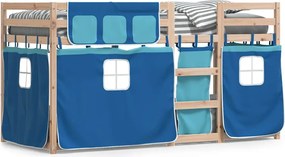 vidaXL Pat supraetajat cu perdele, albastru, 90x190 cm, lemn masiv pin