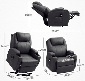 HOMCOM Fotoliu TV cu Funcție de Ridicare Electrică și Relaxare cu Liegefunktion, Fotoliu TV cu Suport pentru Pahare, Buzzunare Laterale și Telecomandă, Piele Artificială, Negru | Aosom Romania