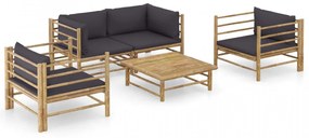 Set mobilier de grădină, 5 piese, perne gri închis, bambus