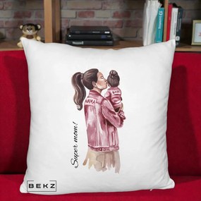 Cadou pentru Mama - Perna Personalizata Super Mom Jachete Roz, 40x40 cm, Alb Pufos, Husa Detasabila, Perna Inclusa, BEKZ®