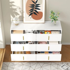 Bufet cu 6 sertare, mânere și picioare aurii, textură ondulată, 120x40x77 cm, Alb+Aurii