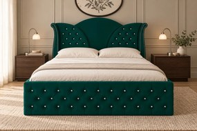 Pat tapițat Chesterfield din catifea Velora Deluxe 140×200 cm, verde, cu ladă de depozitare