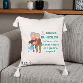 Cadou pentru Bunici - Perna Personalizata Bunicii Iubirea Infloreste cu Nepoata Teal, 40x40 cm, Bej cu Franjuri, Husa Detasabila, Perna Inclusa, BEKZ®