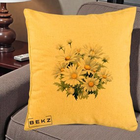 Perna Decorativa Buchet Margarete Albe Acuarela, 40x40 cm, Galben, Husa Detasabila, Perna Inclusa, BEKZ®