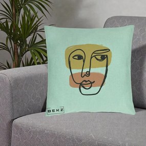Perna Decorativa Portret Abstract Line Art Portocaliu, 40x40 cm, Verde Menta, Husa Detasabila, Perna Inclusa, BEKZ®