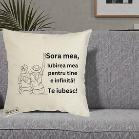 Cadou pentru Sora - Perna Personalizata Sora Mea Te Iubesc Line Art Portrete Colorate, 40x40 cm, Ecru, Husa Detasabila, Perna Inclusa, BEKZ®