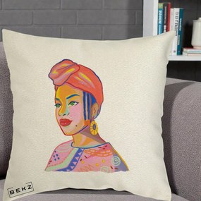 Perna Decorativa Portret Femeie Africana, 40x40 cm, Ecru, Husa Detasabila, Perna Inclusa, BEKZ®