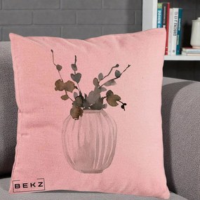 Perna Decorativa Vaza cu Eucalipt Watercolor, 40x40 cm, Roz, Husa Detasabila, Perna Inclusa, BEKZ®