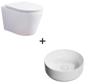 Set vas wc rimless cu capac soft close Oslo plus lavoar baie rotund alb