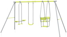 Outsunny, leagăn portic 3 în 1 pentru copii, cu 2 locuri față în față și 1 scaun de leagăn, greutate maximă 225 kg, verde | Aosom Romania