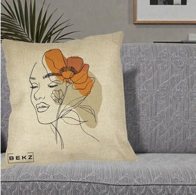Perna Decorativa Portret Feminin Mac Mare Portocaliu, 40x40 cm, Crem, Husa Detasabila, Perna Inclusa, BEKZ®