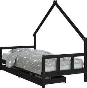 vidaXL Cadru de pat copii cu sertare, negru, 90x200 cm, lemn masiv pin