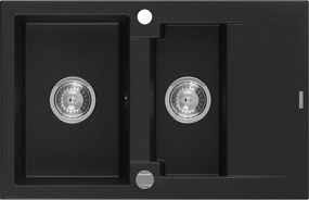 Mexen Gaspar chiuvetă din granit cu 1,5 compartimente și scurgător 737 x 475 mm, negru, sifon cromat - 6507731505-77