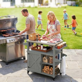 Outsunny Servantă de grădină căruț pentru grătar pe roți cu blat din oțel inoxidabil 107x49,5x92,5cm gri | Aosom Romania