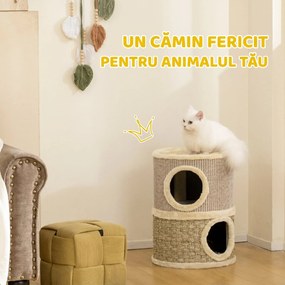 PawHut Căsuță pentru Pisici cu Stâlp de Zgâriat, Tip Turn, 2 Culcușuri, Sisal și Iarbă de Mare, Margini din Pluș, Kaki | Aosom Romania