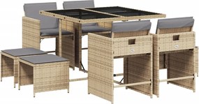 vidaXL Set de masă pentru grădină, 9 piese, cu perne, bej, poliratan