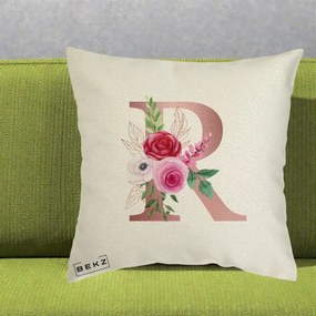 Cadou Personalizat - Perna Personalizata Monograma Rose Gold Litera R, 40x40 cm, Ecru, Husa Detasabila, Perna Inclusa, BEKZ®