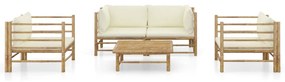 Set mobilier de gradina cu perne alb crem, 5 piese, bambus