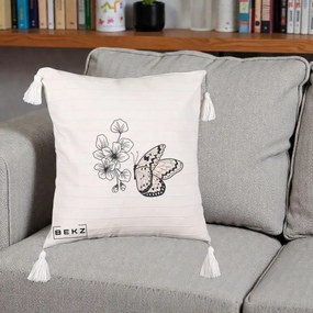 Perna Decorativa Fluture si Flori Linie Monocroma, 40x40 cm, Bej cu Franjuri, Husa Detasabila, Perna Inclusa, BEKZ®