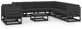 Set mobilier de gradina cu perne10 piese, negru, lemn masiv pin Negru, 1, Da