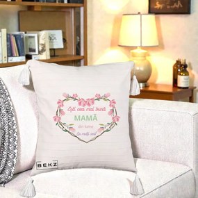 Cadou pentru Mama - Perna Personalizata Esti Cea mai Buna Mama din Lume La Multi Ani cu Inima Florala, 40x40 cm, Bej cu Franjuri, Husa Detasabila, Perna Inclusa, BEKZ®
